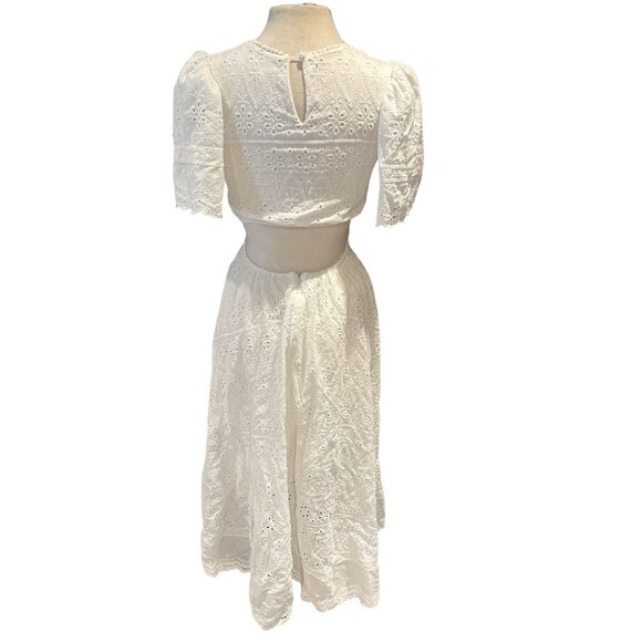 Cottage Core Amable White Eyelet Midi Dress With Puff Sleeves & Cut-Out Detail - Picture 6 of 11